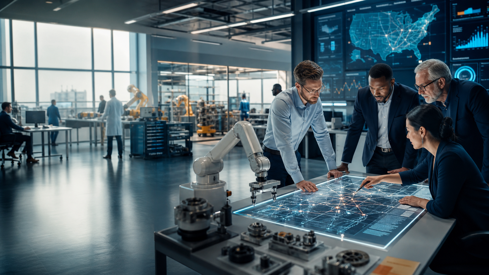 Professionals collaborating in a technology operations and innovation lab